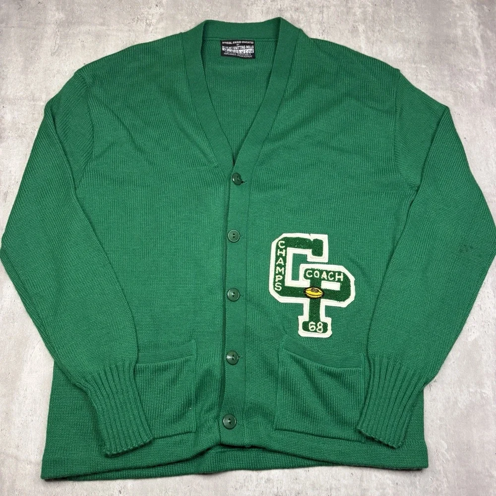 Vintage 70s Miami Knitting Mills Varsity Letterman Cardigan Green XL Sweater